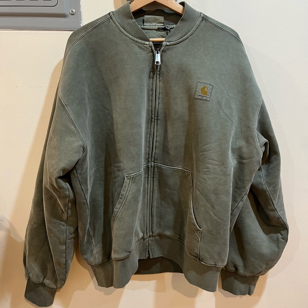 Carharrt Wip Vista Cotton Fleece Bomber Jacket Color: Smoke Green Garment Dyed